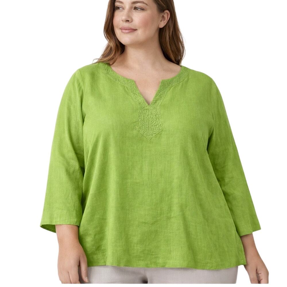 Carole Little 3X Green Linen Embroidered Tunic Top